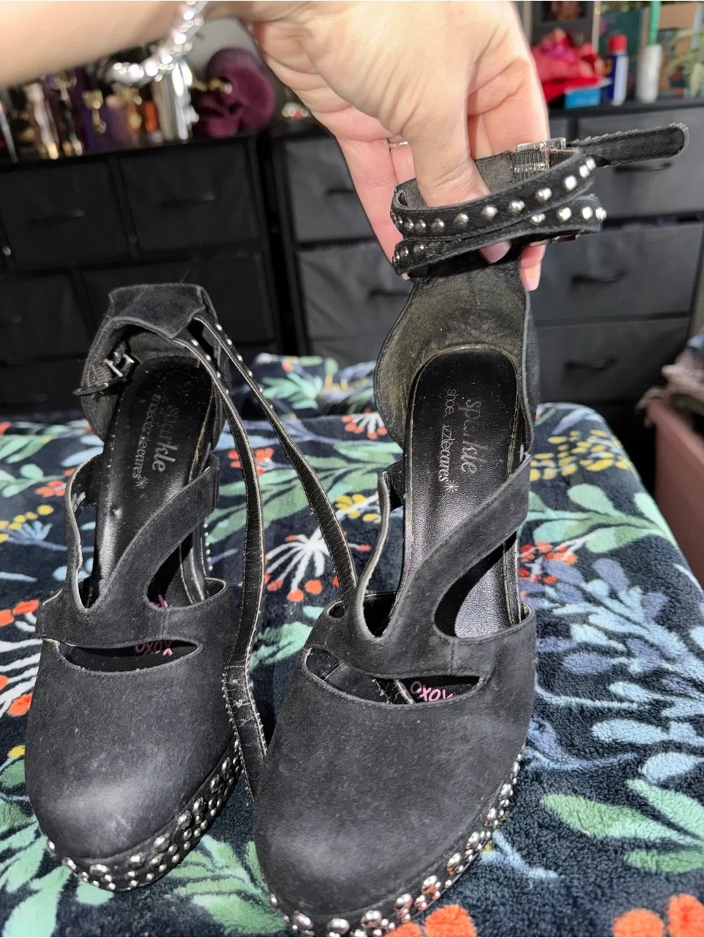 Studded Black Suede Platform Heels with Ankle Straps